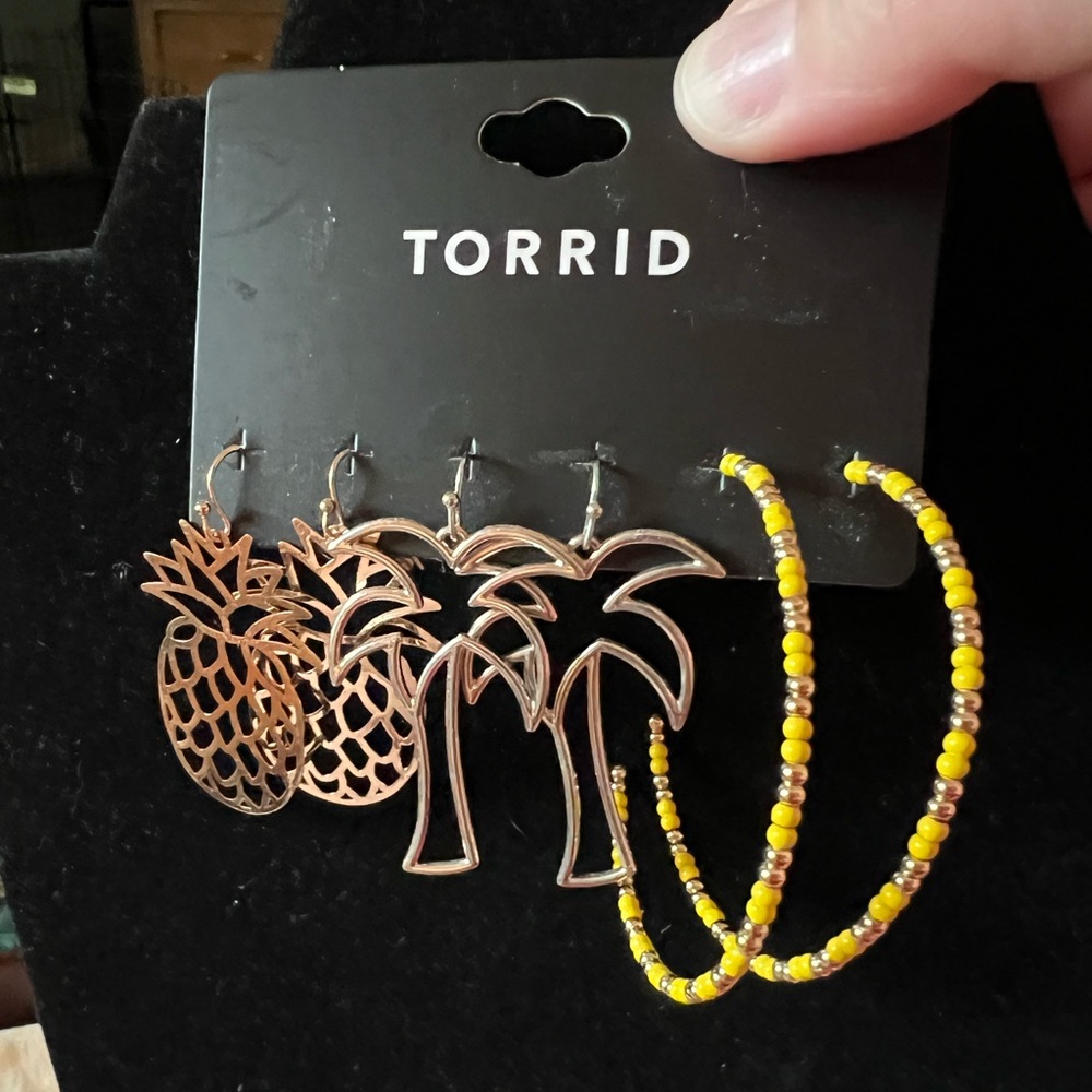 Torrid Gold Pineapple and silver Palm Tree Earrings with Yellow Beaded Hoops